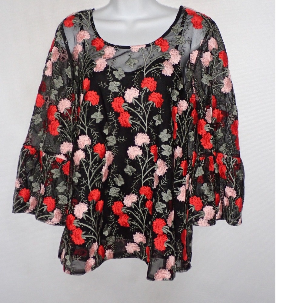Solitaire Top w/ Cami Black Mesh Floral Embroidery Womens M Dark Floral Boho New